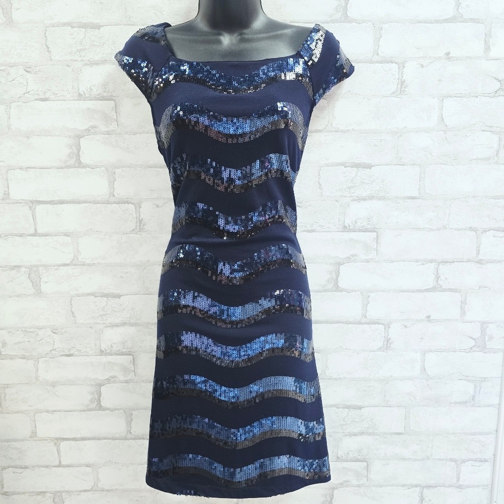 NWT Talbots Navy Blu Sequin Chevron Sheath Dress Square Neck Cap Sleeve Size 12